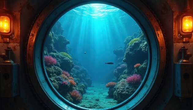 Fototapeta Round submarine window view of vibrant underwater coral reef with colorful sea plants, rocks. Fishes swim in blue ocean water illuminated by natural light from above. Oceanic landscape seen through