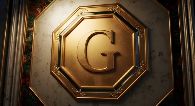 A closeup of a golden letter g emblem on a textured surface, exuding luxury and sophistication in a decorative design element
