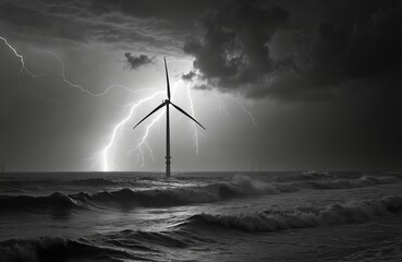 Wind turbine in stormy sea with lightning strikes overhead. Dark dramatic clouds and rough ocean waves highlight powerful weather and energy generation.