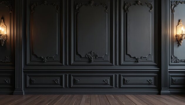 Dark victorian style wall with ornate wood panels. Elegant room interior classic molding decor, luxury feel. Lit sconces add warm light to sophisticated empty space. Brown wooden floor creates rich