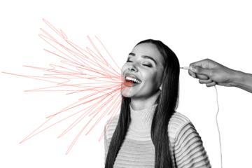 Composite trend artwork sketch image collage of monochrome miniature young attractive lady talk speech happy relax hand hold wire charge