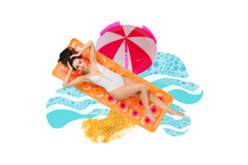 Composite photo collage of calm beautiful girl lie inflatable mattress umbrella sunbath resort vacation isolated on painted background