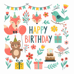 Birthday party funny animal character illustration for greeting card, kids, education.