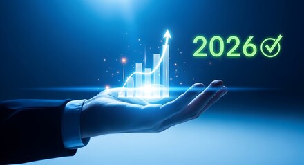 Futuristic hand holding 2026 success graph with glowing effect