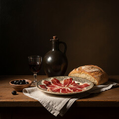 Classic Spanish Still Life with Iberian Ham and Red Wine
