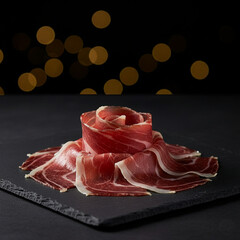 Artistic Contemporary Presentation of Iberian Bellota Ham on Black Slate