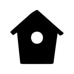 Silhouette of a small birdhouse with a circular entrance and peaked roof