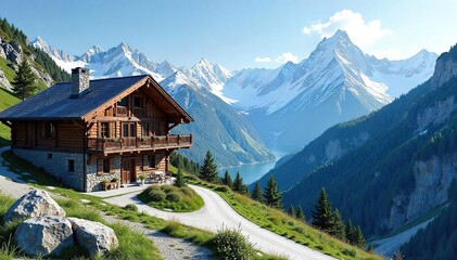 Fototapeta premium Breathtaking Alpine Chalet Vista Majestic Mountain Scenery, Rustic Architecture, Tranquil Vacation Retreat