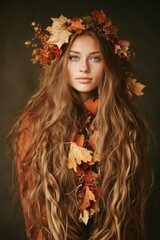 Fototapeta premium Young woman wearing autumn leaves crown long flowing hair