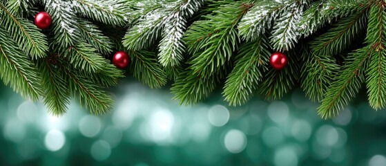 Decorative evergreen branches with red ornaments create a festive atmosphere for the holiday season