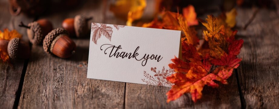 The Thank You Card Surrounded by Autumn Leaves, Acorns, and Rustic Wooden Table