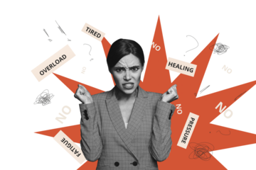 Creative artwork template sketch image 3D collage of overload fatigue burnout pressure emptiness young lady grimace confused fist gesture