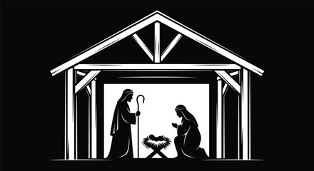 Nativity scene silhouette, holy family, baby Jesus in manger, Christmas stable, religious illustration, black and white vector, Christian tradition