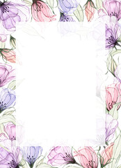 Floral frame with watercolor transparent flowers. Violet, pink, lilac airy eustomas. Hand drawn botanical illustration isolated on white. For wedding design, birthday, mother's day, easter cards.
