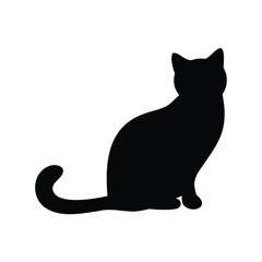 Sleek black cat silhouette illustration on white background, domestic animal artwork