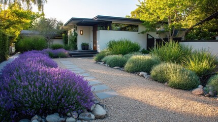 Obraz premium Modern house front yard drought tolerant landscaping with lavender