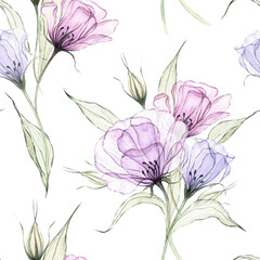 Seamless pattern of watercolor transparent flowers. Lilac, purple eustomas, translucent leaves. Hand drawn botanical illustration. Floral background for wrapping , wallpaper, scrapbooking, home decor.