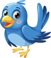 Cheerful blue cartoon bird, expressive eyes, yellow beak, cute animal character, kids illustration, vibrant colors, friendly mascot, educational design