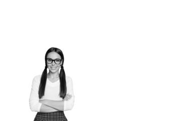 Composite photo collage of pretty teenager girl crossed hands education september college student isolated on painted background