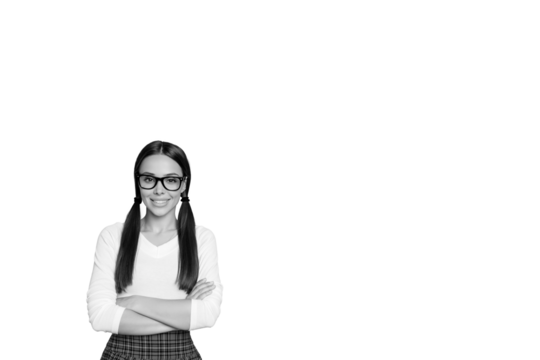 Composite photo collage of pretty teenager girl crossed hands education september college student isolated on painted background