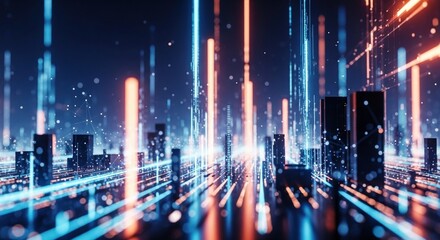 Abstract digital city with glowing lines and data streams in cyberspace