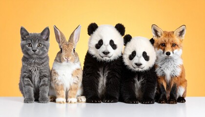 Lineup of six animals&mdash;gray cat, brown-white rabbit, two panda cubs, and red fox&mdash;sitting side by side on a white surface against an orange background; whimsical, diverse, and symmetrical.