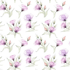 Watercolor elegant transparent flowers. Floral seamless pattern. Violet delicate wildflowers and greenery. Hand painted botanical illustration. For wrapping, textile, wallpaper, decor, scrapbooking.