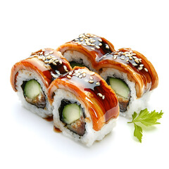 Delicious Eel and Cucumber Sushi Roll with Sesame Seeds on Plate