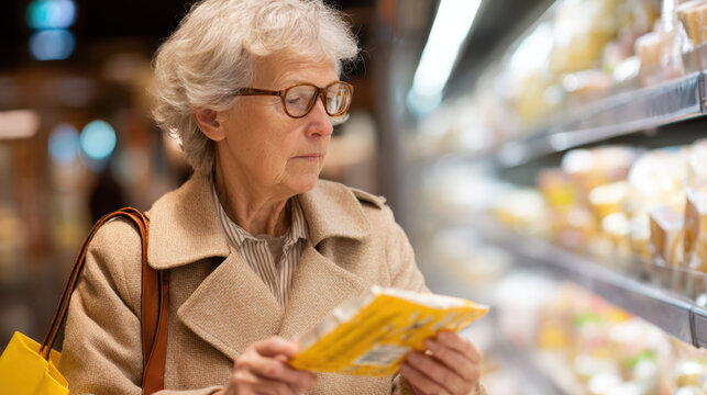 Senior woman shopping groceries checking nutrition label