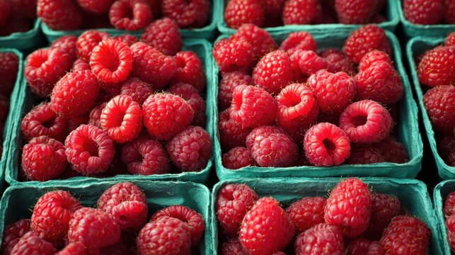 Fresh red raspberries in market punnets selling