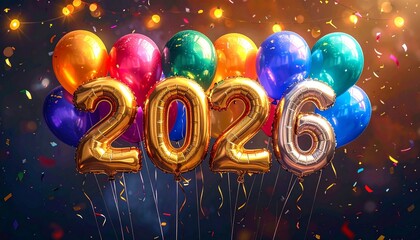 Colorful balloon numbers &ldquo;2026&rdquo; with confetti and festive text &ldquo;HAPPY NEW YEAR&rdquo; and &ldquo;NEW NEW NEW&rdquo; on a dark background&mdash;celebratory, vibrant, and holiday-themed.