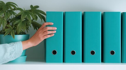 Hand choosing a teal binder from office shelf
