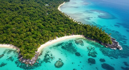 Verdant tropical island boasts white sandy beaches and crystal-clear turquoise waters, lush green palm trees thrive along the shoreline, presenting a breathtaking aerial view showcasing the vibrant...
