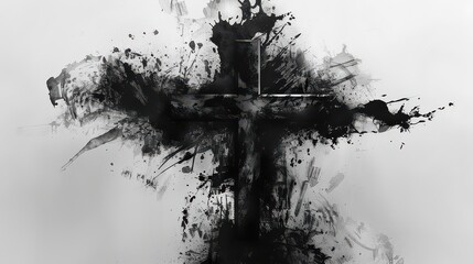 Dramatic abstract ink cross splatters convey powerful spiritual and emotional depth, perfect for impactful faith based themes or artistic expression.