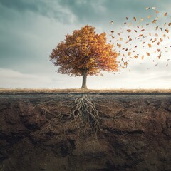 lonely tree in the autumn, roots underground, family, earth, soil