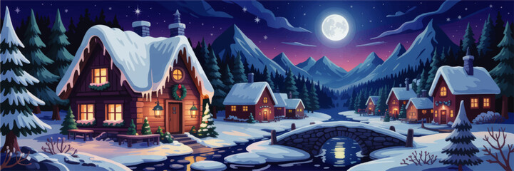 Cozy Winter Village Night, Snowy Cabins and Pine Trees Under Full Moon, Festive Holiday Scene, Cartoon Illustration