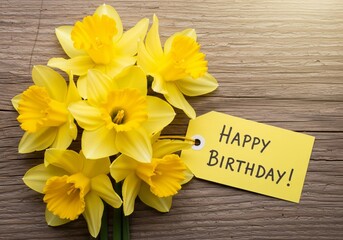 Naklejka premium Happy Birthday Card with Yellow Daffodils on Rustic Wooden Background