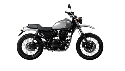Fototapeta premium Silver scrambler motorcycle isolated on transparent background in side view