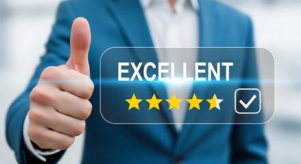 Businessman giving thumbs up with excellent fivestar rating