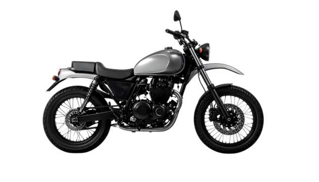 Silver scrambler motorcycle isolated on transparent background in side view