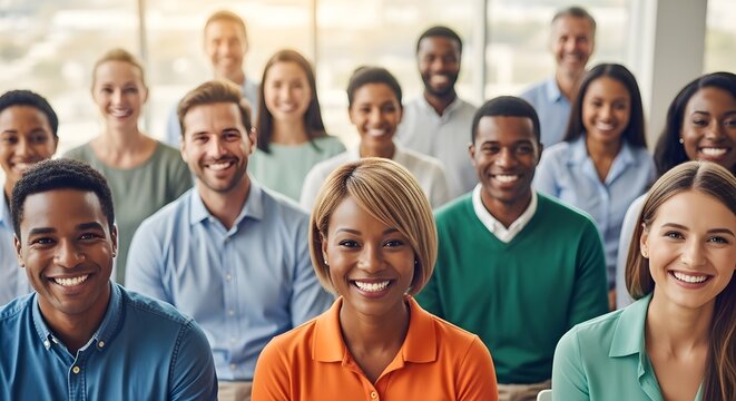 Diverse group of smiling professionals, radiating positivity and teamwork, showcasing a collaborative and inclusive workplace environment