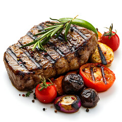 Delicious Grilled Meat with Fresh Vegetables on White Background
