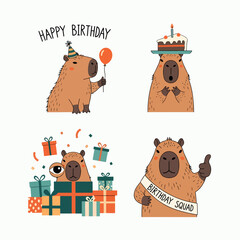 Set Cute capybaras with hearts and wings on white background, captions