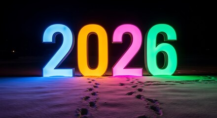 Colorful glowing 2026 digits on dark reflective surface