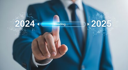 Businessman pressing 2024 to 2025 transition button concept