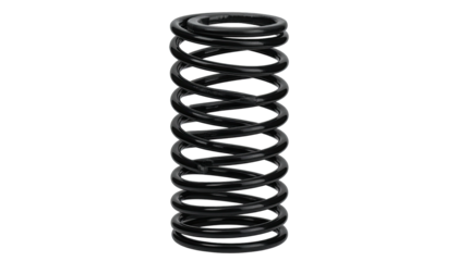 A coiled, black metal spring isolated on a black background, viewed from eye-level