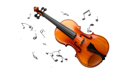 Violin surrounded by musical notes isolated on transparent background, a classical instrument