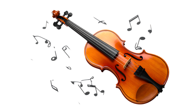 Violin surrounded by musical notes isolated on transparent background, a classical instrument