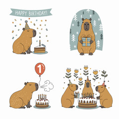 Set Cute capybaras with hearts and wings on white background, captions