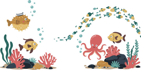 Naklejka premium Cute cartoon octopus and fish underwater with coral reef and sea plants, marine animals vector illustration